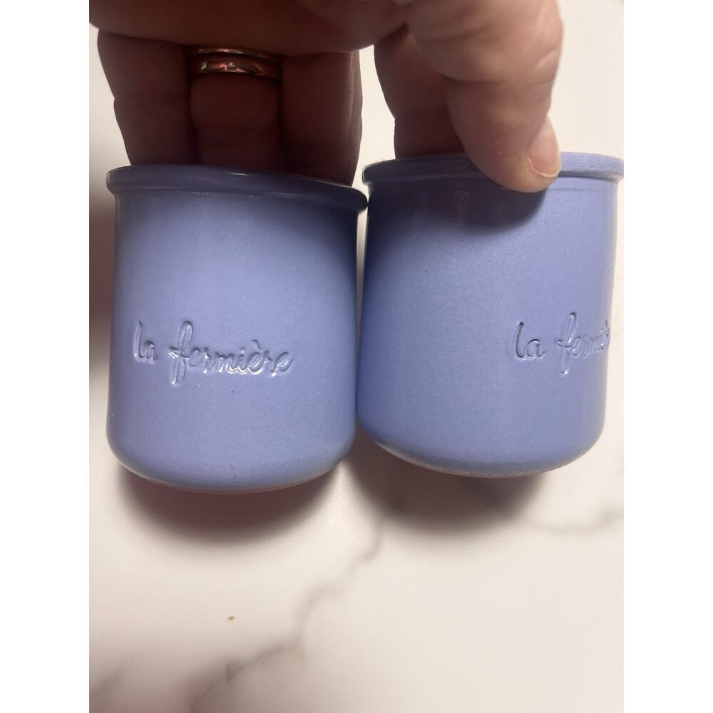 La Fermiere Cermer SET of 2 Terra Cotta Yogurt Pots Blue France Glazed Ceramic